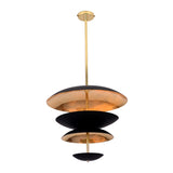 Bottom view of modern black and brass disc chandelier highlighting layered bowl shades and indirect lighting design