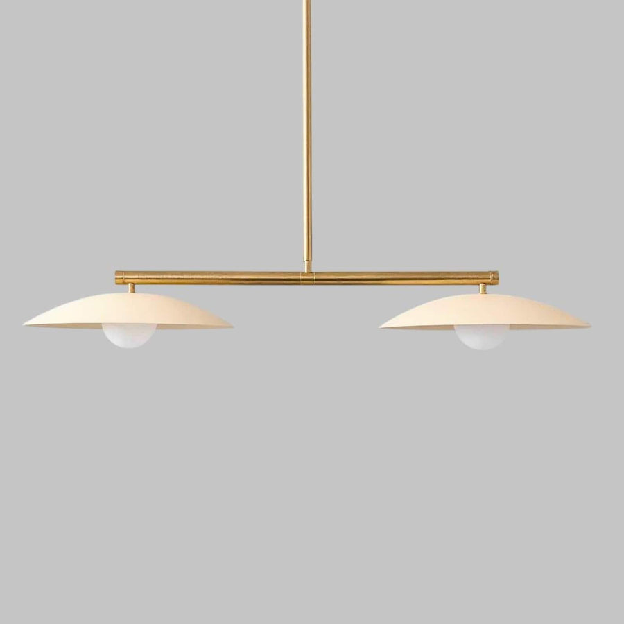 2 light disc glass globe brass chandelier with minimalist linear design and warm ambient lighting