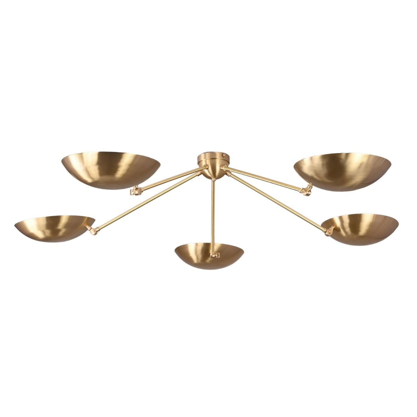 Modern brass flushmount chandelier with five bowl-shaped shades designed for warm ambient ceiling lighting.