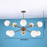 Modern brass globe chandelier with 10 lights showing 38 inch width and 24 inch height in a symmetrical radiating arm design.