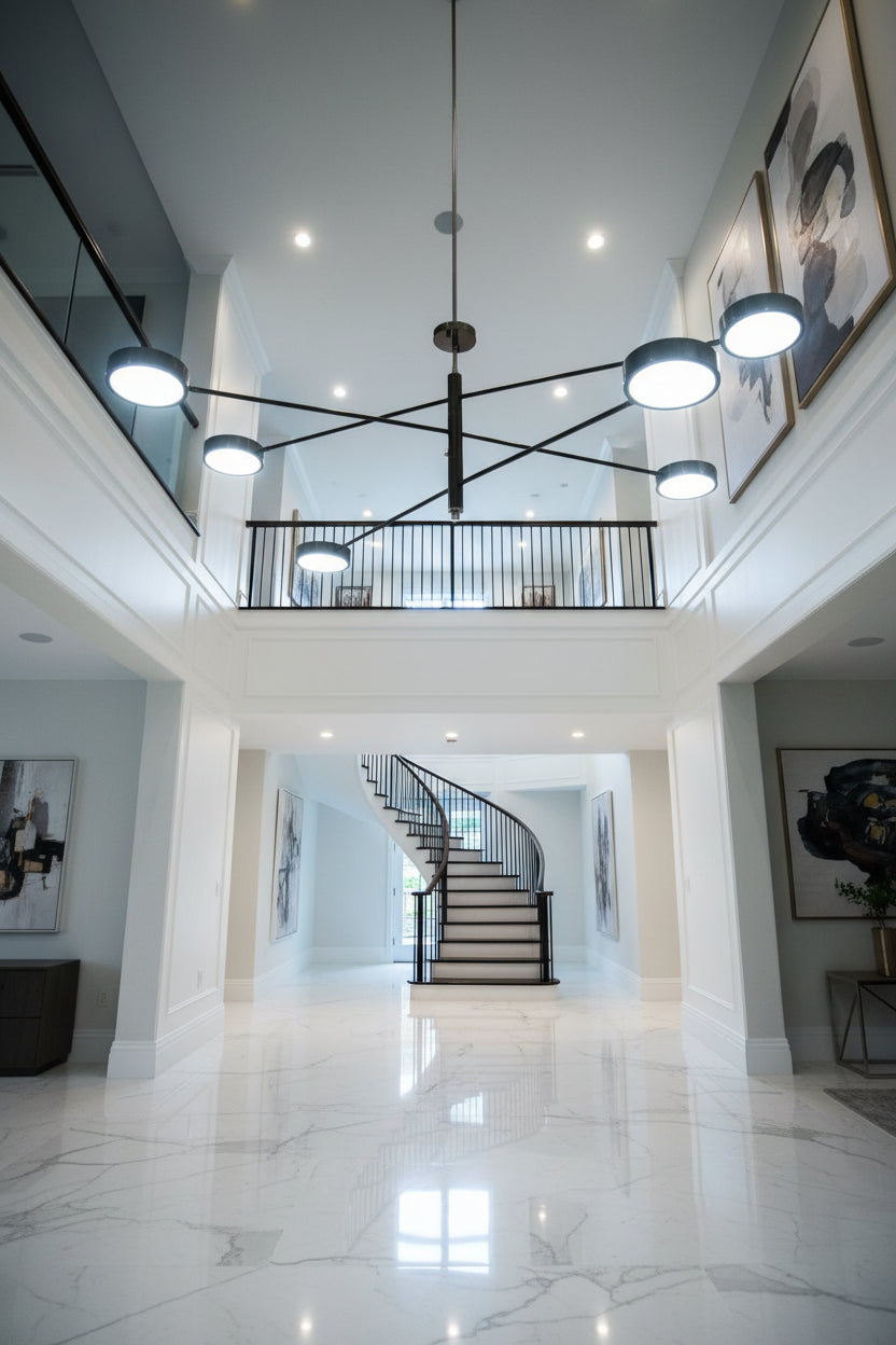 Black brass disc light chandelier with six flat LED heads arranged across three extended arms