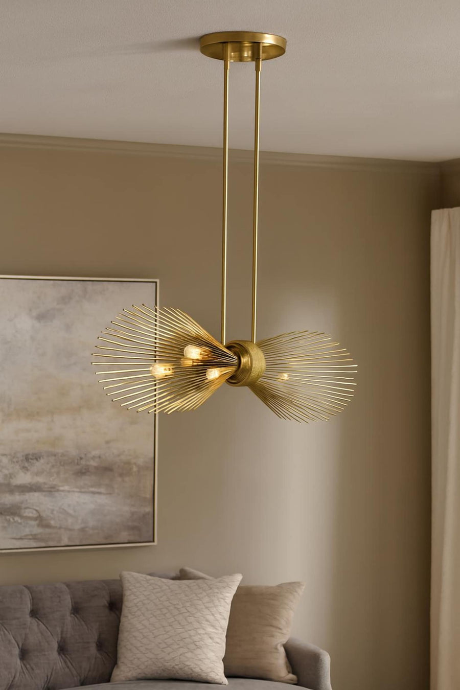 Modern linear brass chandelier with sculptural wire design and brushed brass finish, handcrafted industrial ceiling light