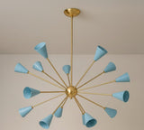 Modern brass Sputnik chandelier with blue cone shades radiating from a solid brass center hub
