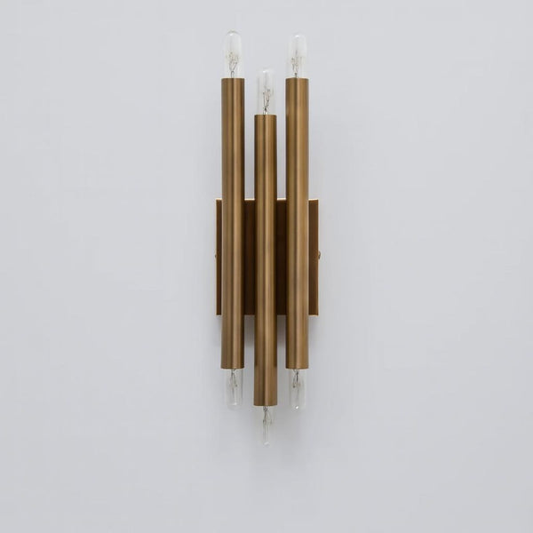 Handcrafted modern brass vertical wall lamp with six exposed E26 bulbs and symmetrical tube design