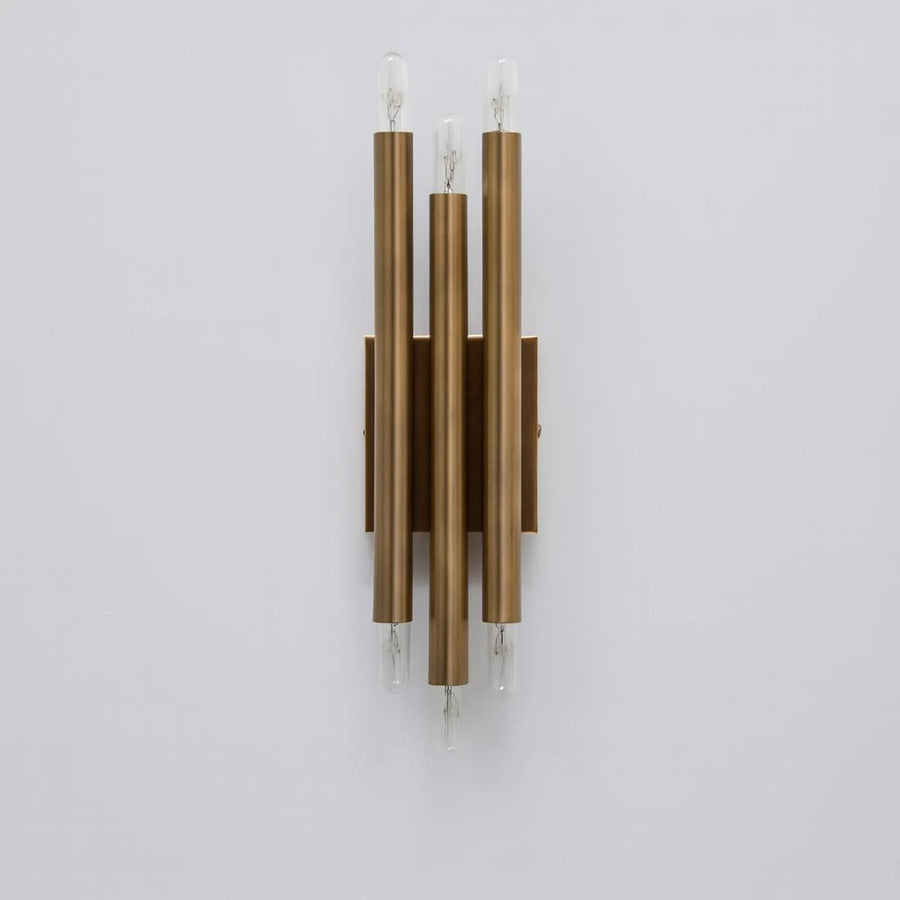 Handcrafted modern brass vertical wall lamp with six exposed E26 bulbs and symmetrical tube design