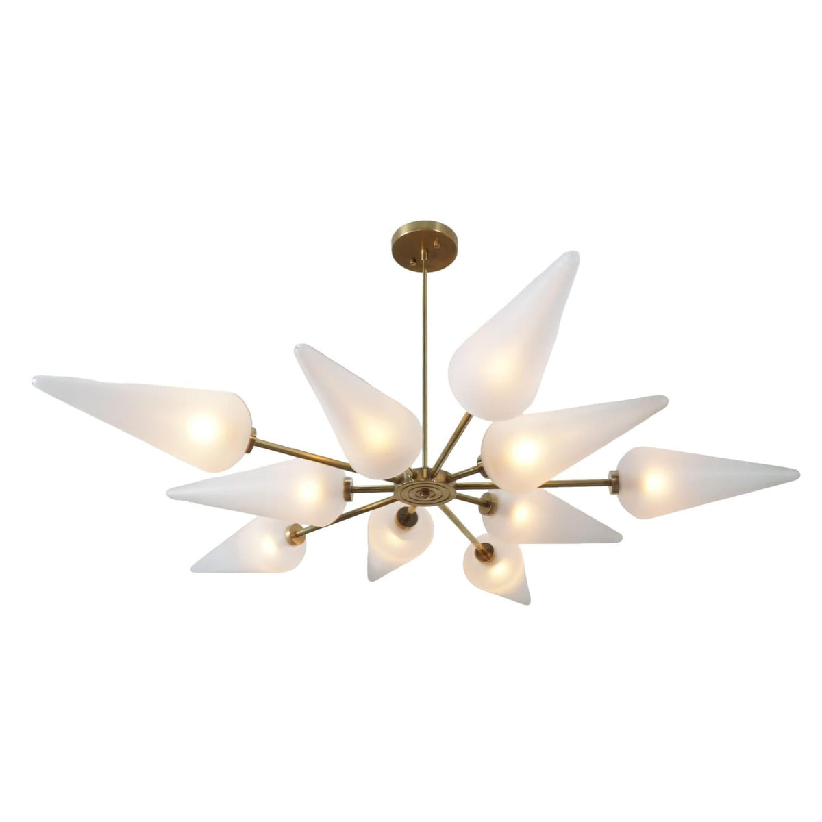 Contemporary multi-arm chandelier with frosted cone glass shades on a solid brass frame, radiating warm ambient light.