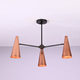 Modern industrial copper cone chandelier with three lights and solid brass construction