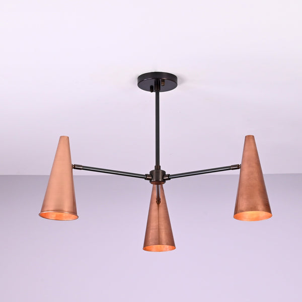 Modern industrial copper cone chandelier with three lights and solid brass construction