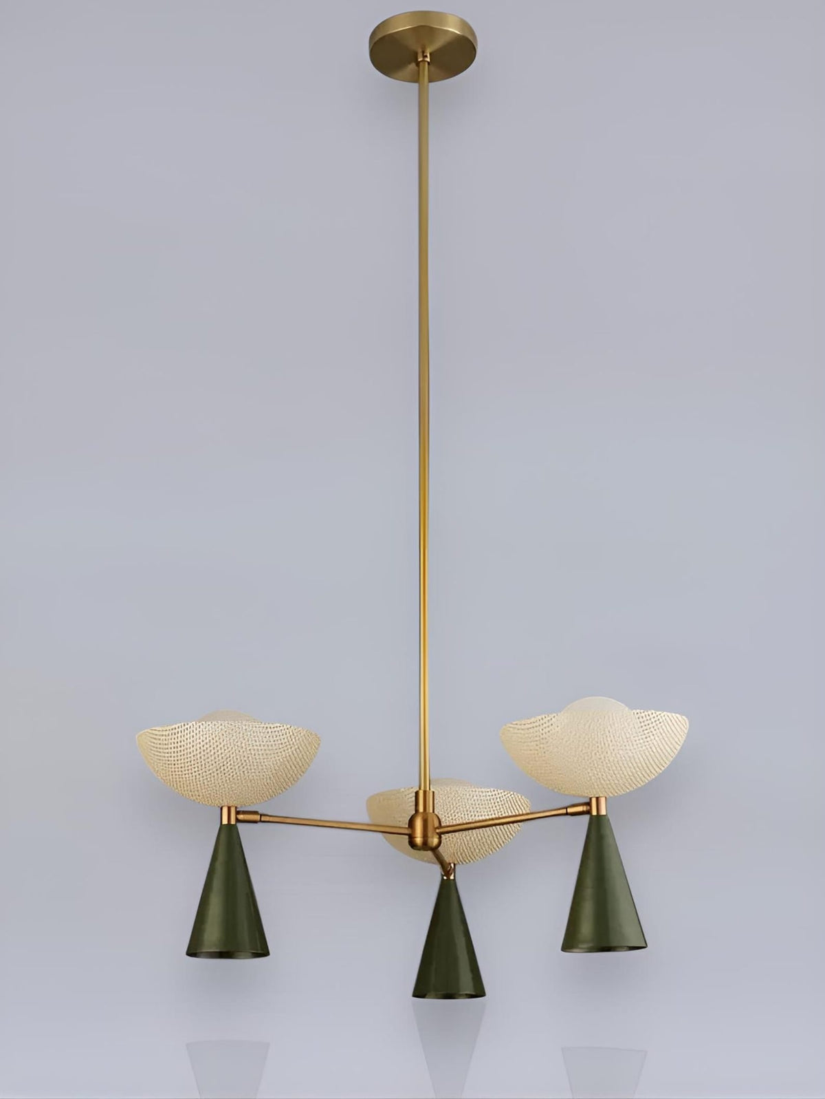 Front view of modern Diabolo style brass chandelier featuring balanced arms and sculptural bowl shades