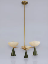 Front view of modern Diabolo style brass chandelier featuring balanced arms and sculptural bowl shades