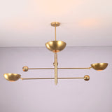 Front view of modern disc style 3 light brass chandelier with bowl shades by Brass Leaf Studio