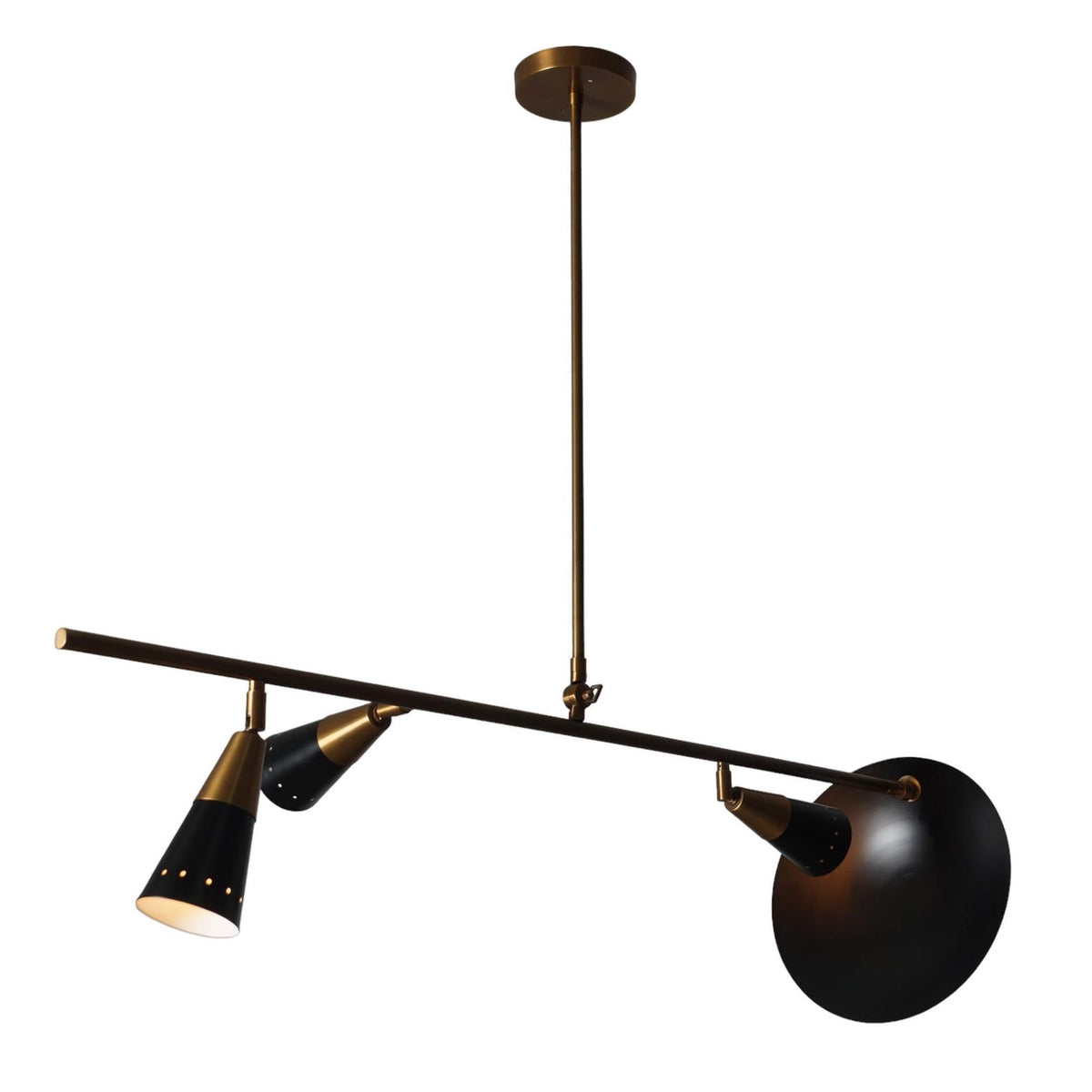 Mid-century modern brass pendant chandelier with three conical shades and elegant suspended rod structure.