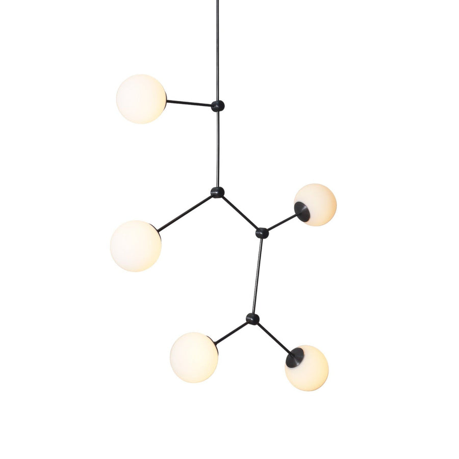 Modern molecular brass chandelier with five frosted glass globes and black metal frame by Brass Leaf Studio