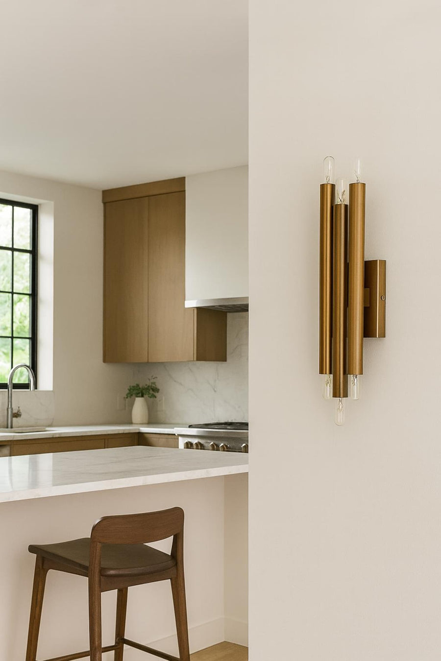 Handcrafted modern brass vertical wall lamp with six exposed E26 bulbs and symmetrical tube design