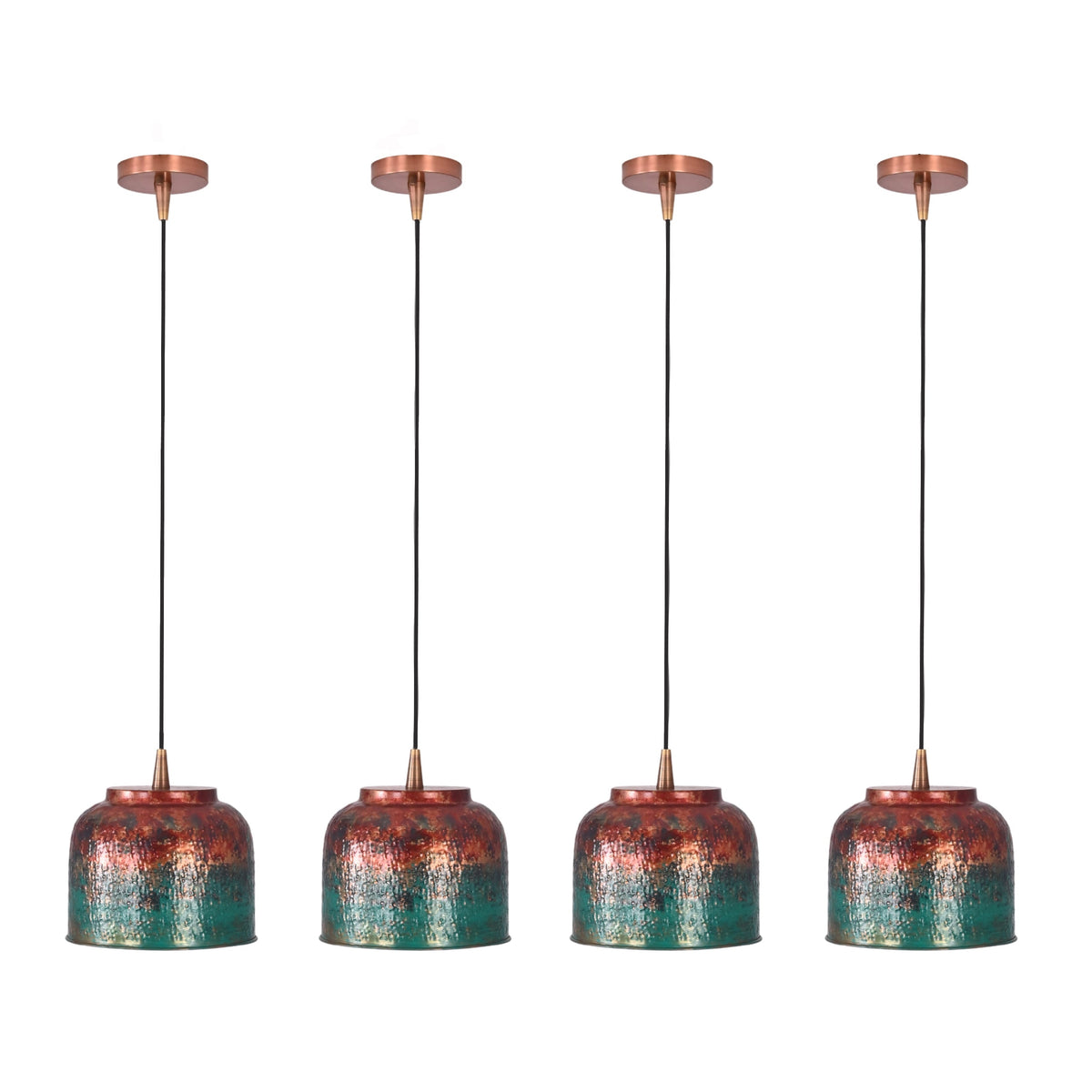 Closeup of multicolor patina pendant shade with red, teal, copper, and textured artistic surface detail