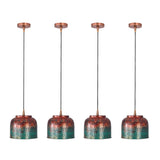 Closeup of multicolor patina pendant shade with red, teal, copper, and textured artistic surface detail