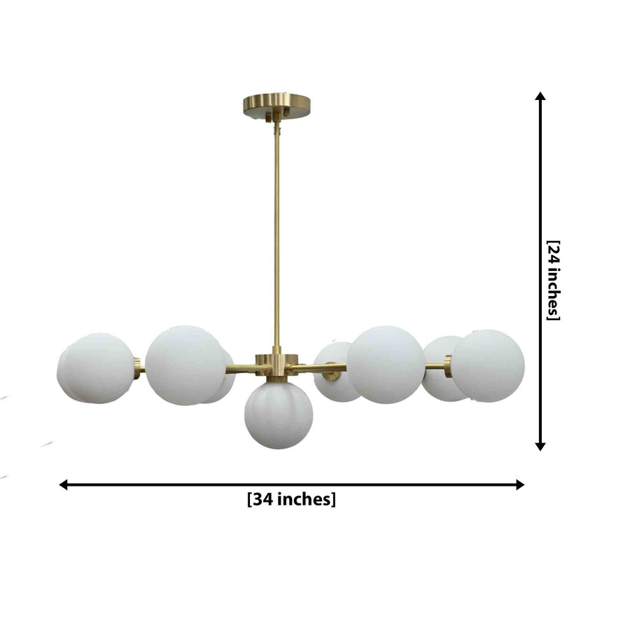 Mykonos 9-light glass globe Sputnik chandelier with solid brass arms and warm glowing globe shades for dining room lighting