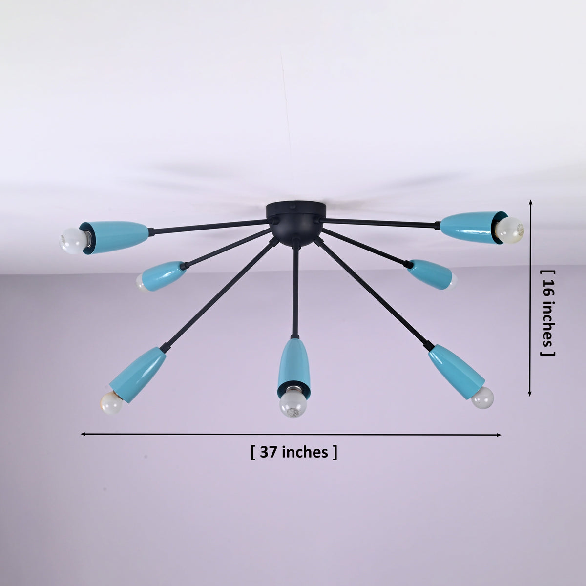Dimensioned view of 8-light orbit brass flush mount chandelier showing 37 inch width and 16 inch height