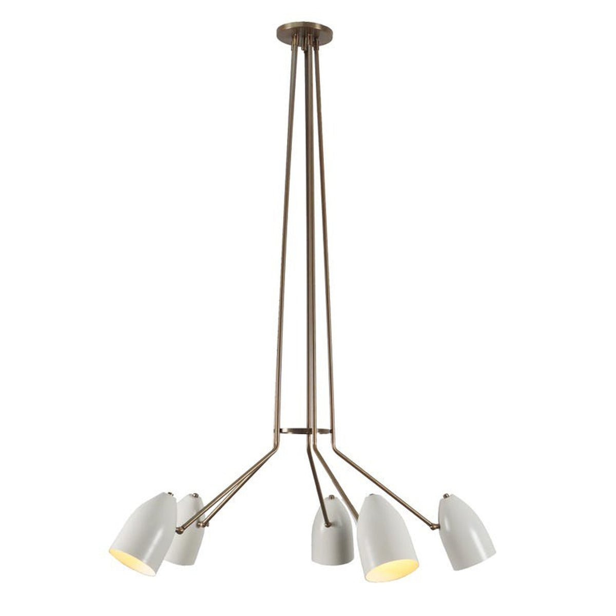 Front view of the Orion 5 Light Multi-Arm Cone Chandelier 34 Inch Model 62069 featuring handcrafted white tapered cone shades and an elegant multi-arm design.