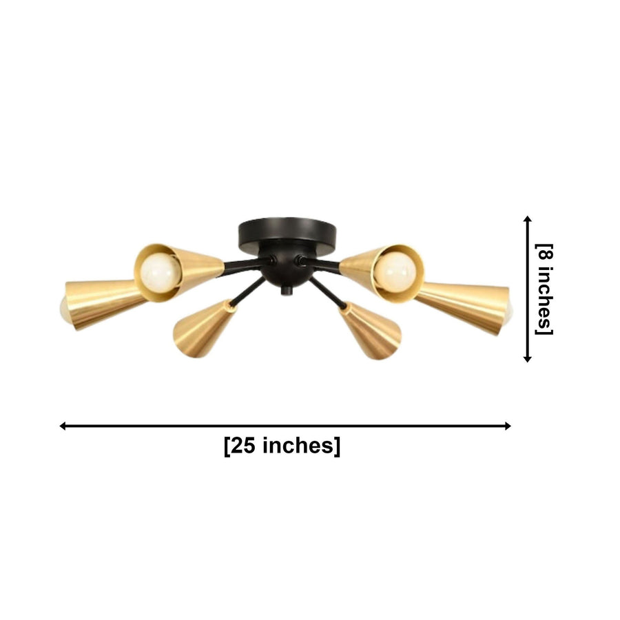 Orion brass cone 6-light Sputnik flush mount installed in a warm Mid-Century Modern home office interior