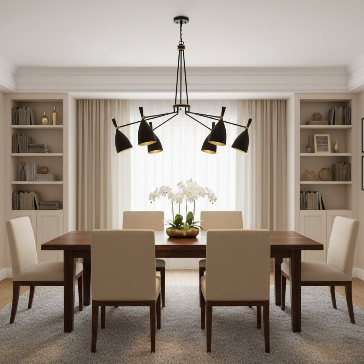 Orion Multi-Cone Chandelier 6 Light 48 Inch Model 33170 front view with black cone shades and warm metallic interiors