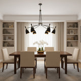 Orion Multi-Cone Chandelier 6 Light 48 Inch Model 33170 front view with black cone shades and warm metallic interiors