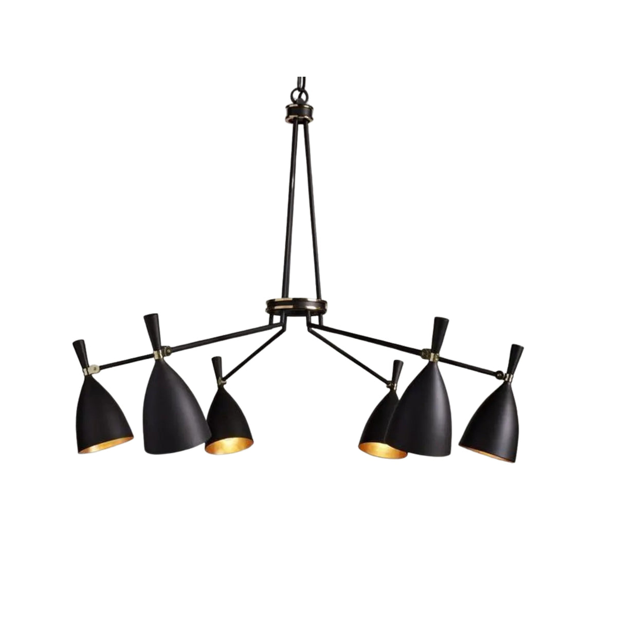 Orion 6 Light Multi-Cone Chandelier Model 33170 with sculptural black shades and branching arms