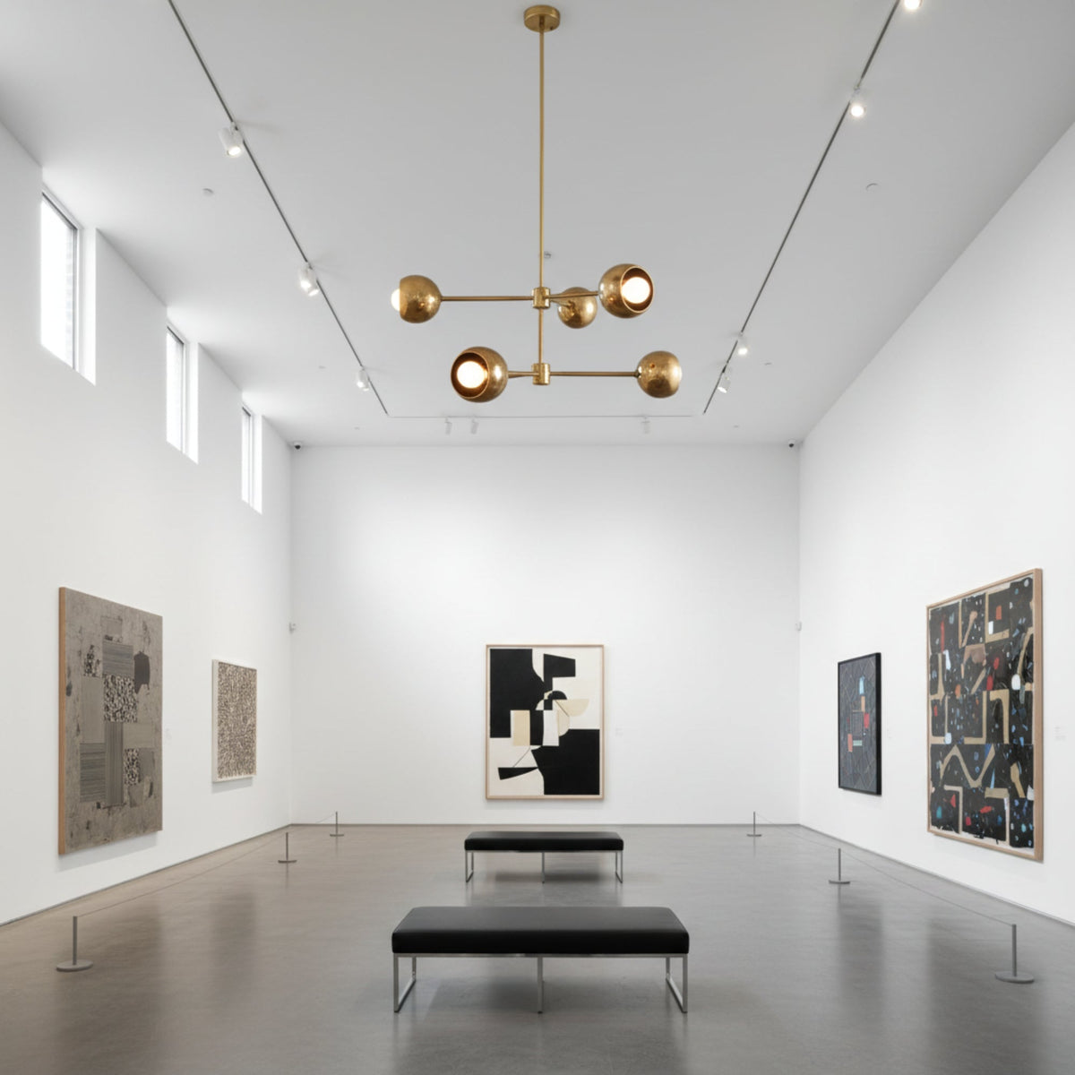 Orion Orbit 6 Light Brass Globe Chandelier with two-tier branching arms – straight view