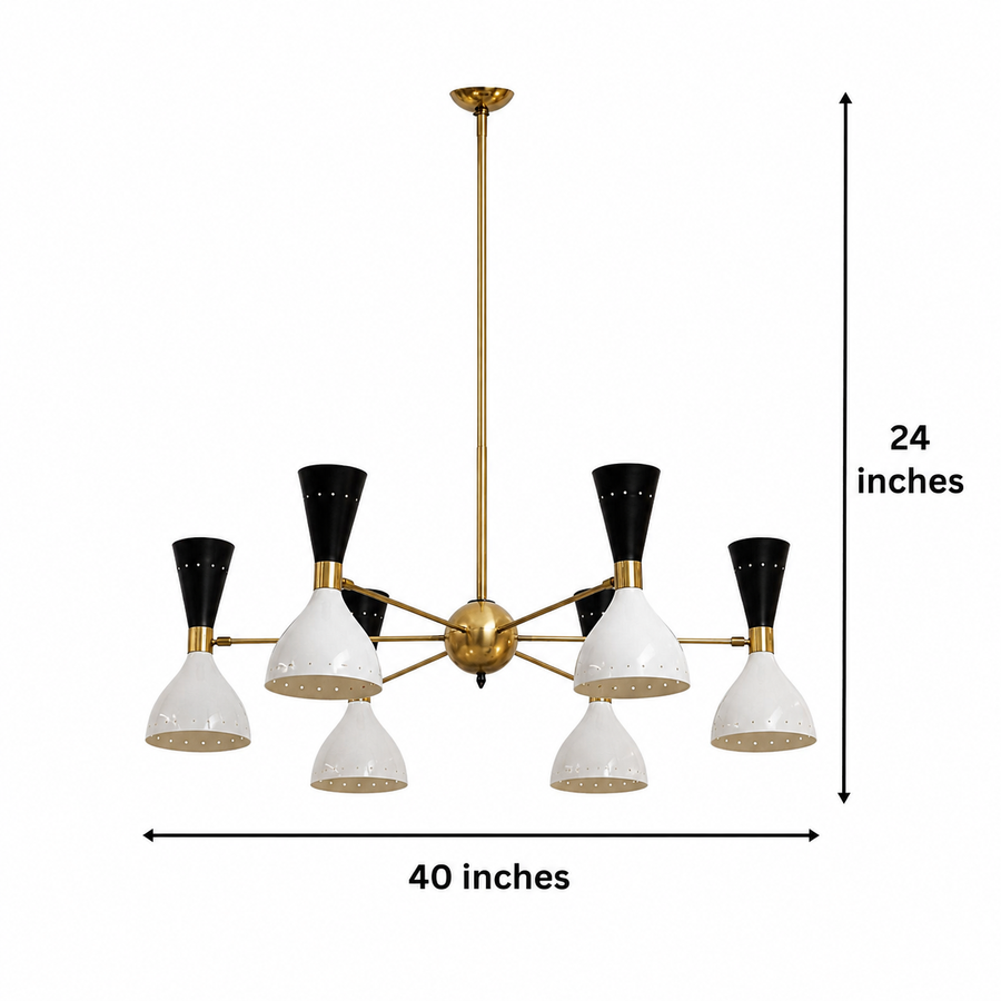 Orion Perforated Cone 12 Light chandelier installed above a dining table in a Mid-Century Modern dining room – Model 62034