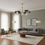 Orion 12 Light Sculptural Chandelier with brass frame and mixed black and white geometric shades