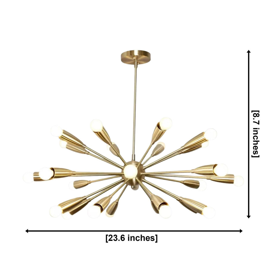 Orion 24 Light brass Sputnik chandelier installed in an elegant modern living room