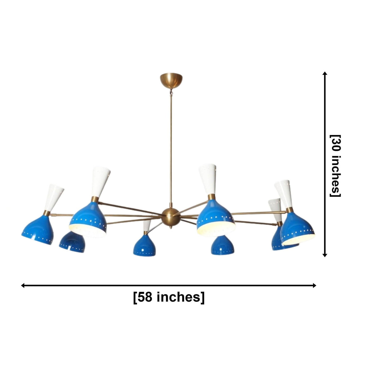 Oslo Cobalt Multi-Cone 16 Light Chandelier dimensions showing 58 inch width and 30 inch height