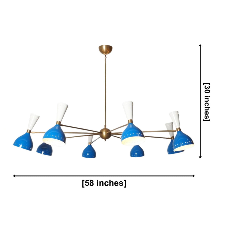 Oslo Multi-Cone 16 Light Chandelier illuminated in a warm Mid-Century Modern living room interior