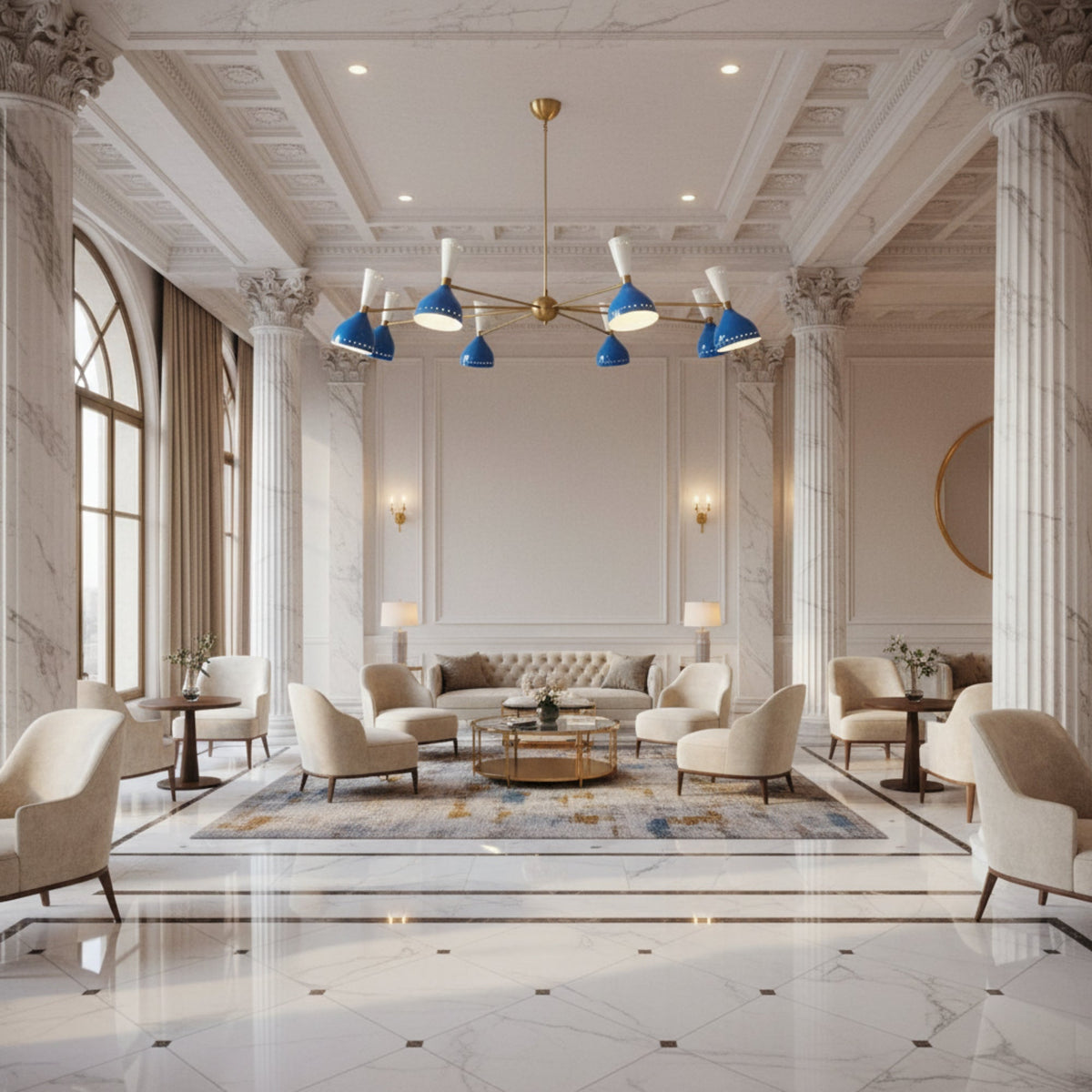 Front view of Oslo Cobalt Multi-Cone 16 Light Chandelier with blue and white metal shades