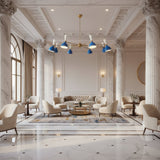 Front view of Oslo Cobalt Multi-Cone 16 Light Chandelier with blue and white metal shades