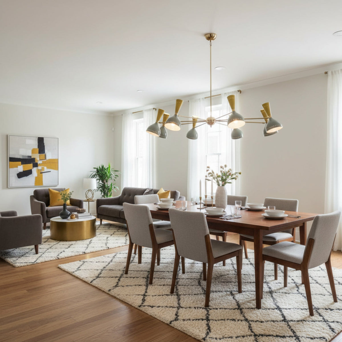 Oslo Cobalt Multi-Cone 16 Light Chandelier with blue and white shades and brass arms on white background