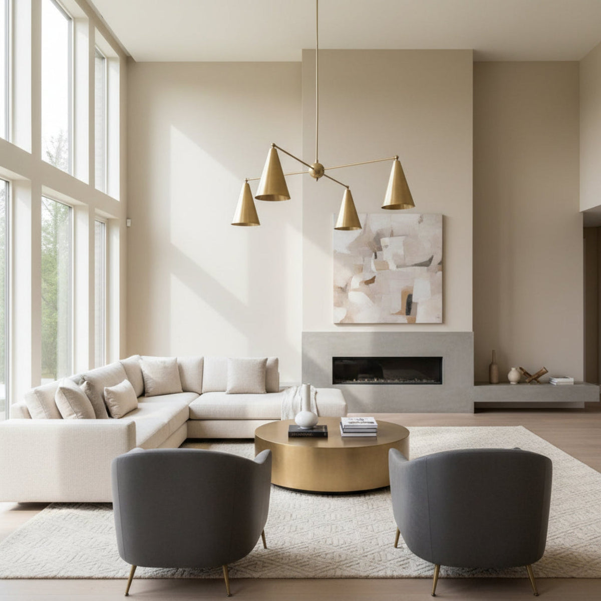 Oslo 4 Light Multi-Cone Chandelier in warm brass tone with geometric multi-arm design, Model 62009