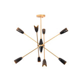 Angled view of the Oslo Mid-Century Modern Sputnik Chandelier featuring black cone shades and brass frame