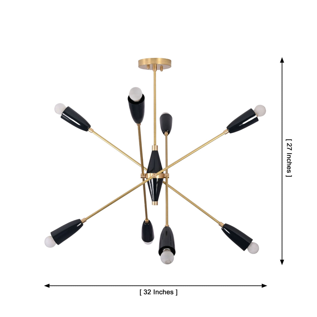 Oslo Mid-Century Modern Sputnik Chandelier showing 32-inch width and 27-inch height dimensions
