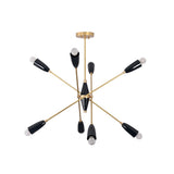 Front view of the Oslo Mid-Century Modern Sputnik Chandelier with eight black cone shades and brushed brass arms
