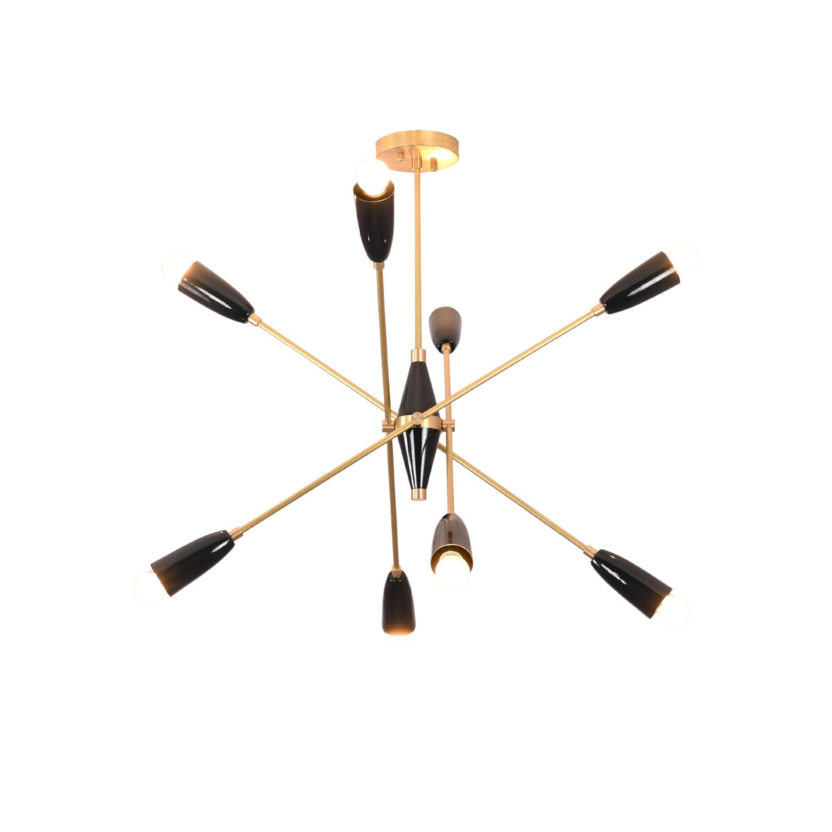 Illuminated Oslo Mid-Century Modern Sputnik Chandelier with eight-light starburst design in brushed brass and black