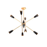 Illuminated Oslo Mid-Century Modern Sputnik Chandelier with eight-light starburst design in brushed brass and black