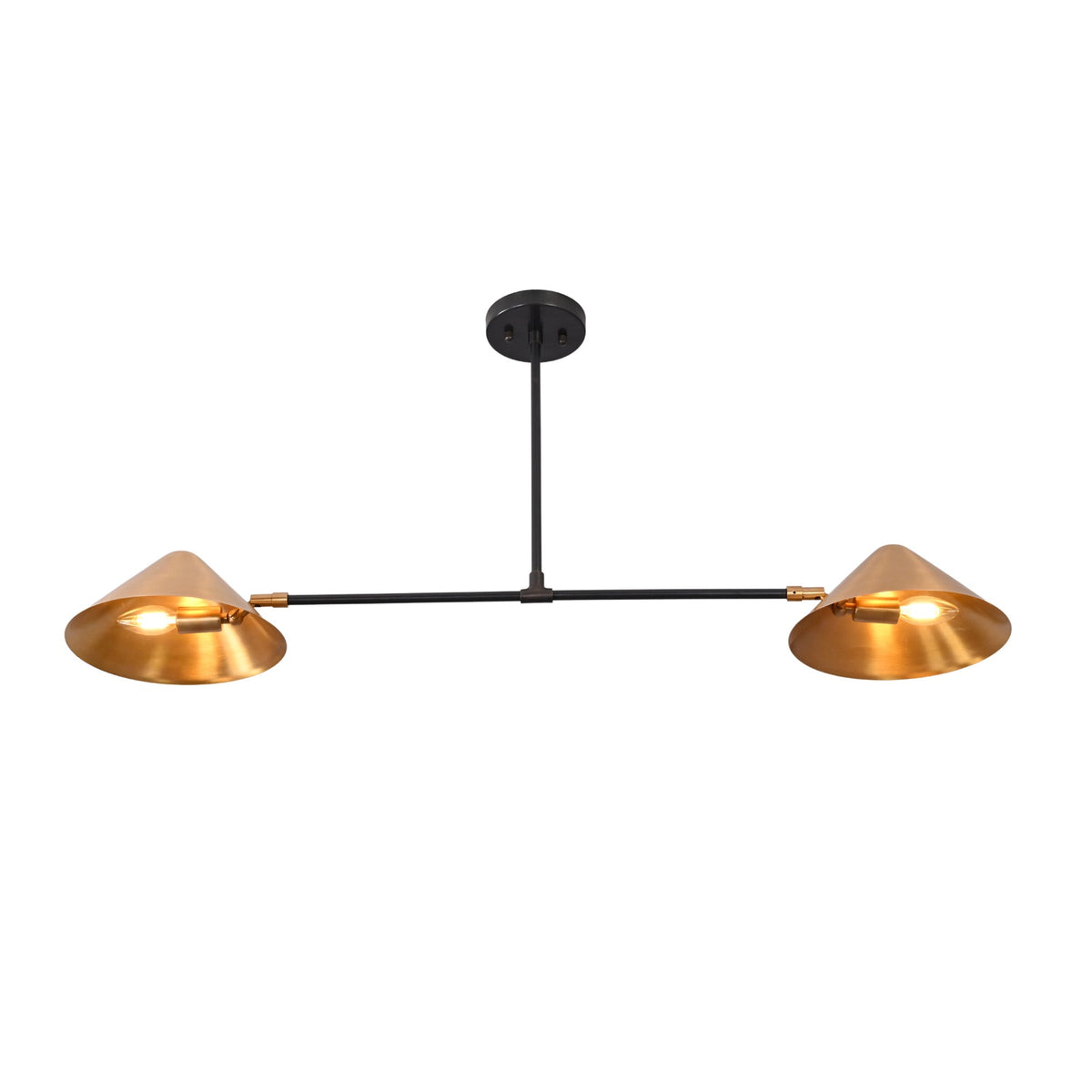 Oslo Modern Double Cone Linear Chandelier illuminated with warm ambient lighting