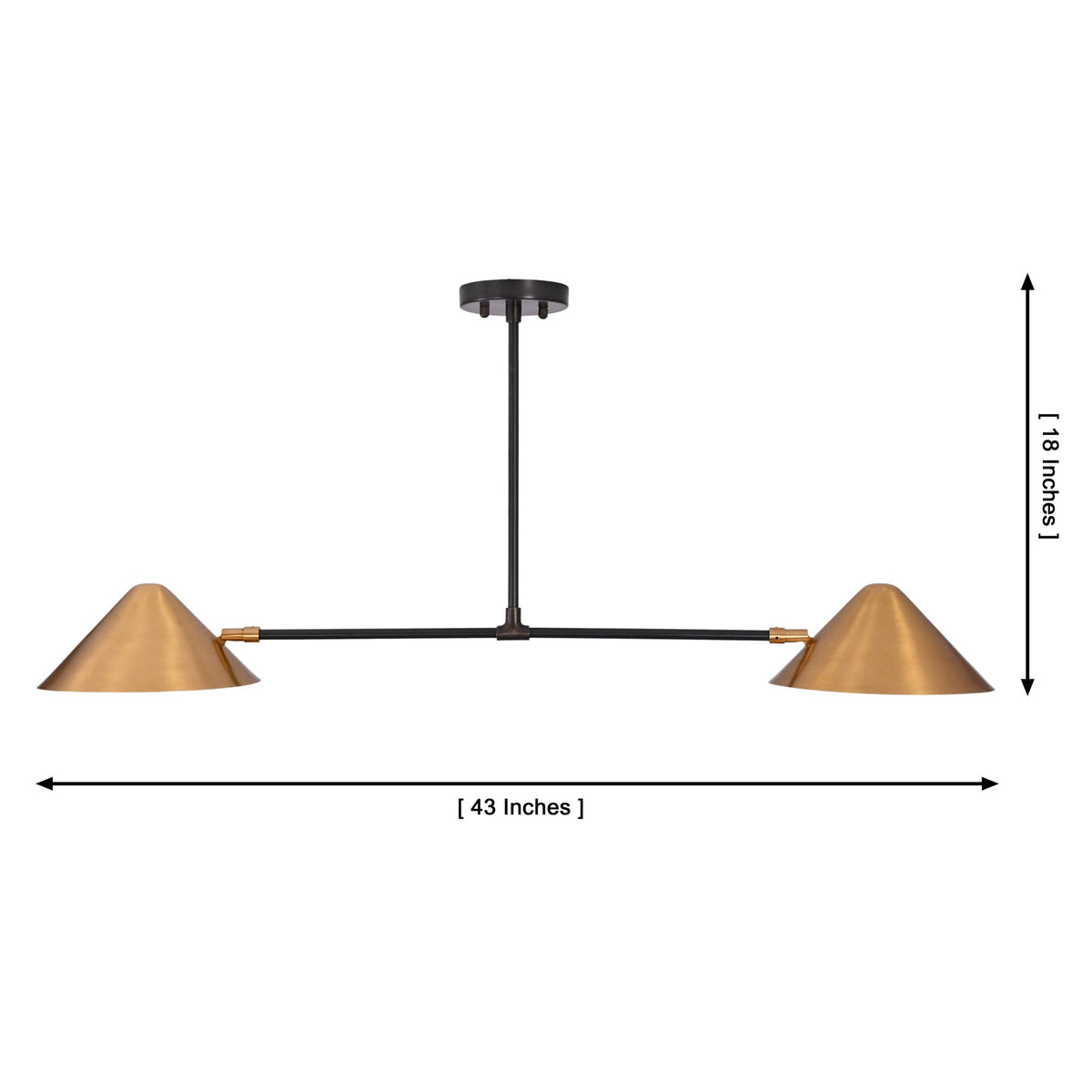 Oslo Modern Double Cone Linear Chandelier with product dimensions and adjustable hanging rod