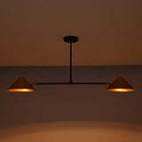 Oslo Modern Double Cone Linear Chandelier with warm illuminated cone shades in low-light setting