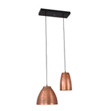 Angled view of the Oslo Modern Dual Copper Pendant Chandelier with contrasting handcrafted copper pendant shades