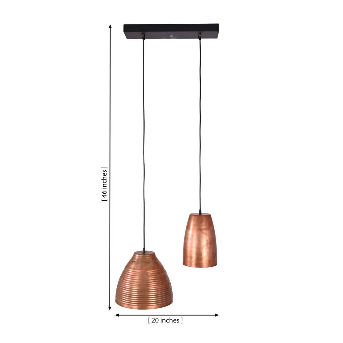 Oslo Modern Dual Copper Pendant Chandelier with handcrafted copper shades showing 20-inch width and 46-inch adjustable height dimensions
