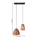 Oslo Modern Dual Copper Pendant Chandelier with handcrafted copper shades showing 20-inch width and 46-inch adjustable height dimensions