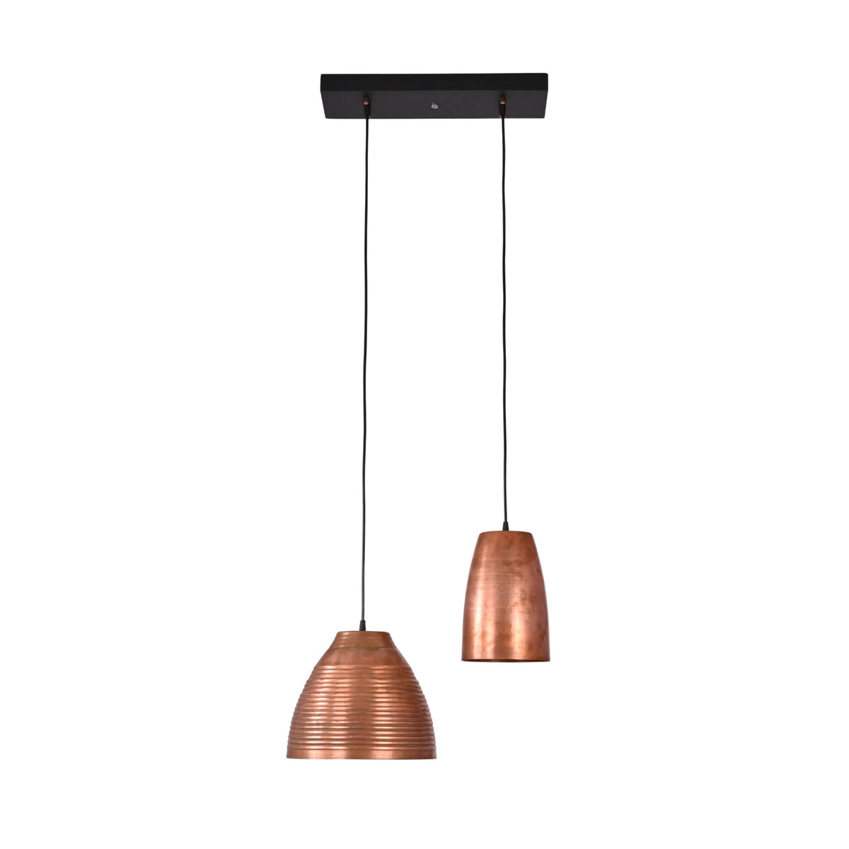 Front view of the Oslo Modern Dual Copper Pendant Chandelier with ribbed bell and tapered copper shades