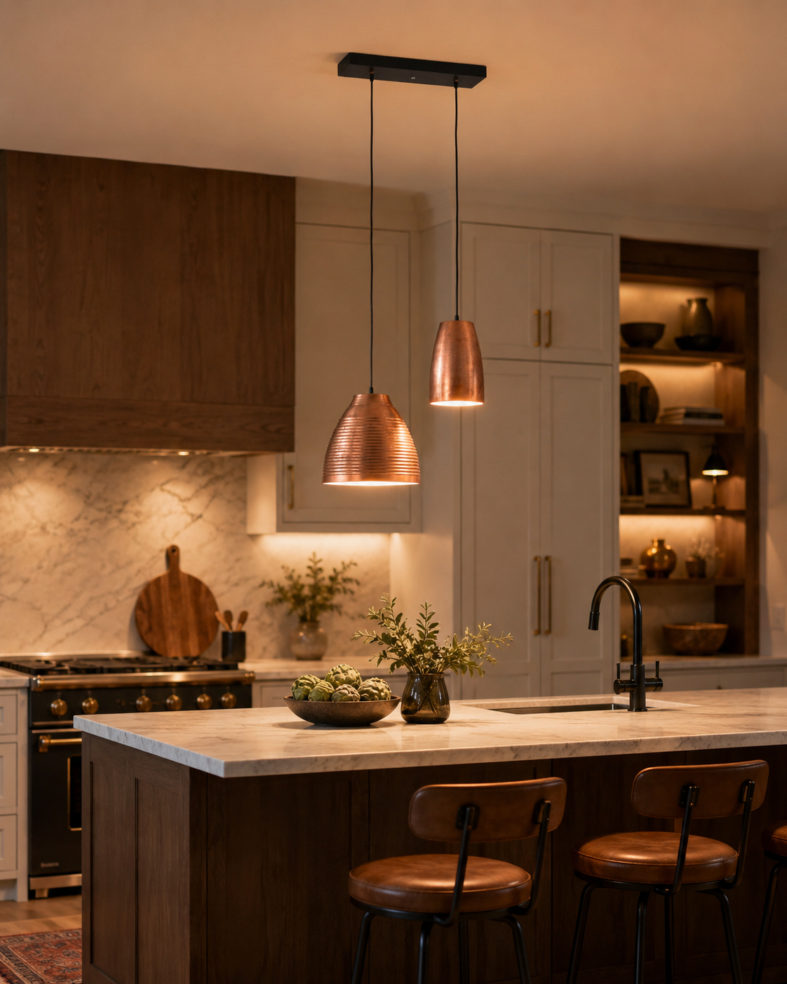 Oslo Modern Dual Copper Pendant Chandelier installed above a modern kitchen island with warm ambient lighting